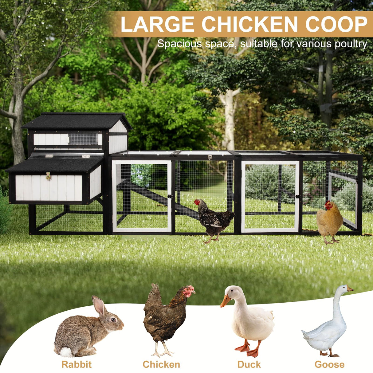 PetsCosset 116" L Large Chicken Coop and Run, Hen House with 4 Nesting Box Boxes, Rabbit Hutch Poultry Bunny Cage for 4-6 Chickens with 4 Perches, Removable Tray and Ramp and UV-Resistant Roof Panel PetsCosset