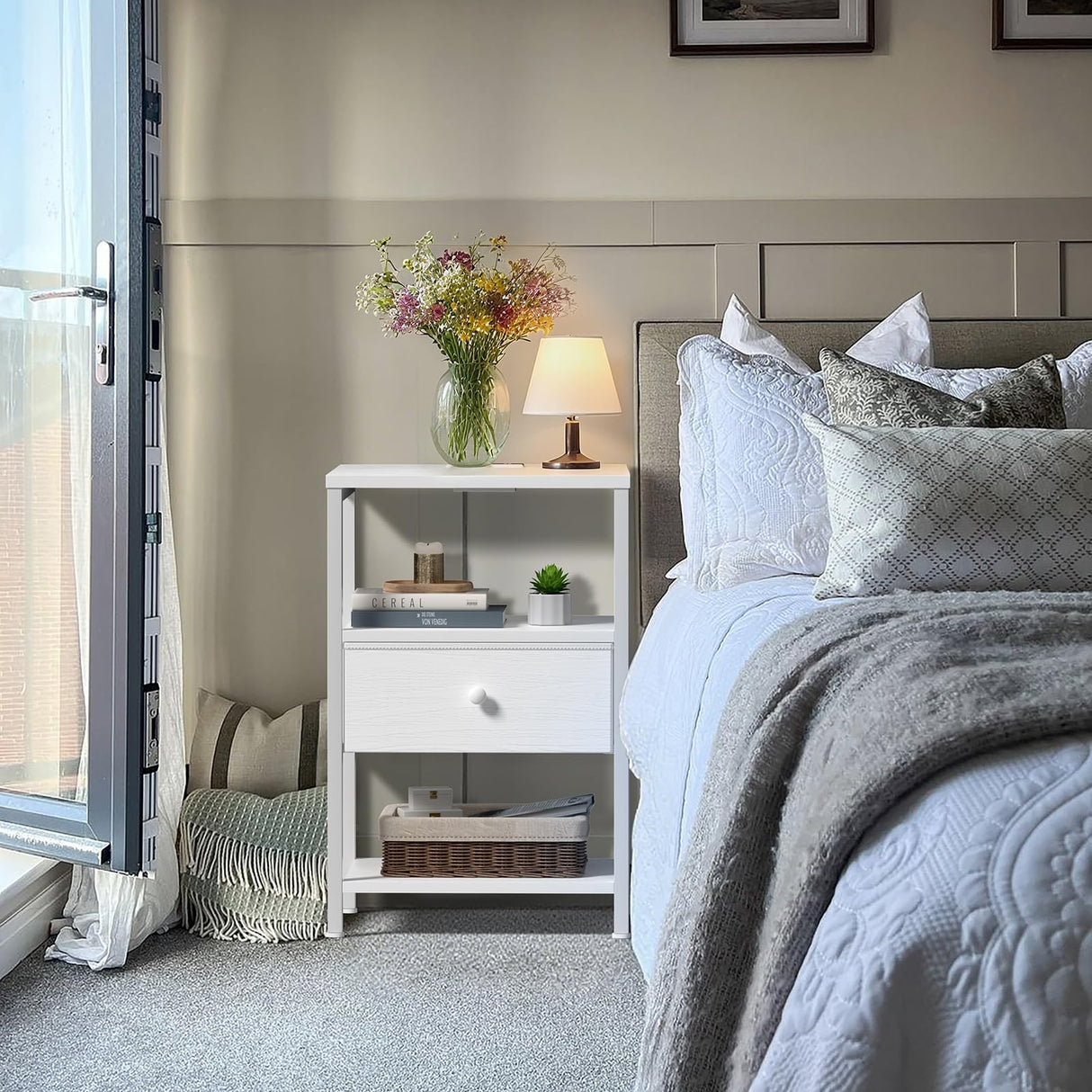 BOLUO White Nightstand with Charging Station, LED Night Stand with Fabric Drawers and Shelf, Bedside Table with USB Ports and Outlets, Bedroom Nightstand Modern BOLUO