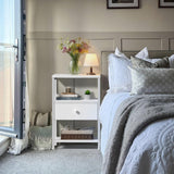 BOLUO White Nightstand with Charging Station, LED Night Stand with Fabric Drawers and Shelf, Bedside Table with USB Ports and Outlets, Bedroom Nightstand Modern BOLUO