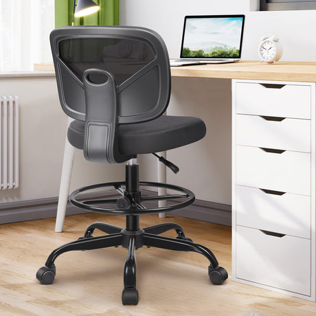 Primy Office Drafting Chair Armless, Tall Office Desk Chair Adjustable Height and Footring, Mid-Back Ergonomic Standing Desk Chair Mesh Rolling Tall Chair for Art Room, Office or Home(Black) Primy