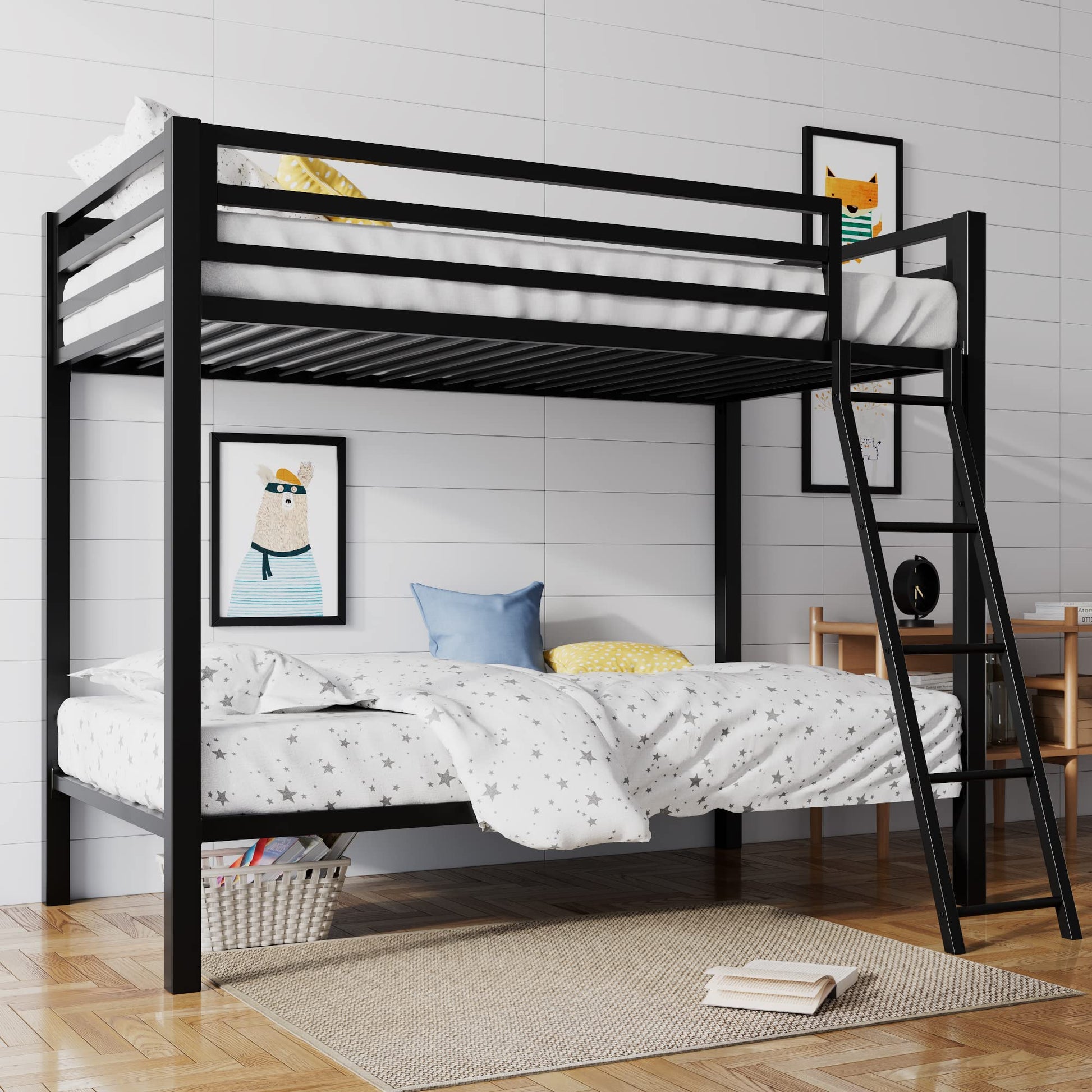 SHA CERLIN Industrial Twin Over Twin Metal Bunk Bed with Inclined Ladder & Guardrails, Black - WoodArtSupply