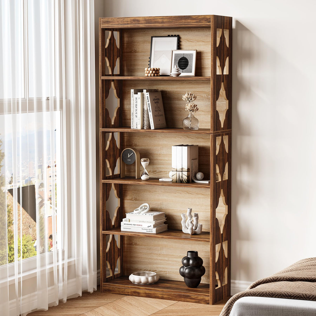 LITTLE TREE 69.9" Vintage Bookshelf, 5-Tier Tall Bookshelves, Cutout Design Vertical Bookcase, Freestanding Storage Display Shelf for Living Room, Bedroom, Study, Office, 1 Pack LITTLE TREE