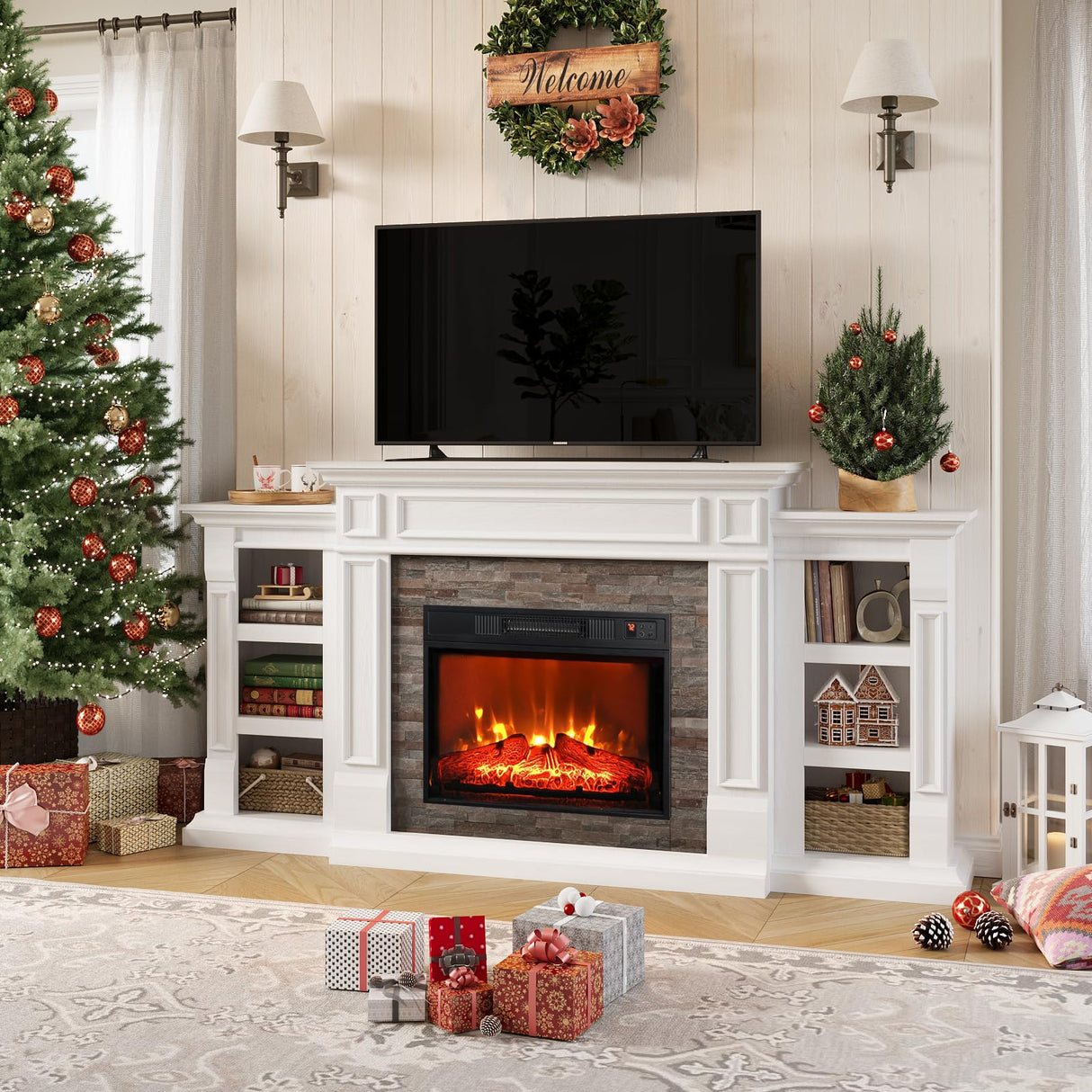 70" Electric Fireplace with Mantel, Fireplace TV Stand for TVs Up to 80 Inch, Modern Entertainment Center with Storage, Realistic Stacked Stone Surround with Remote Control for Living Room, Bedroom LGHM