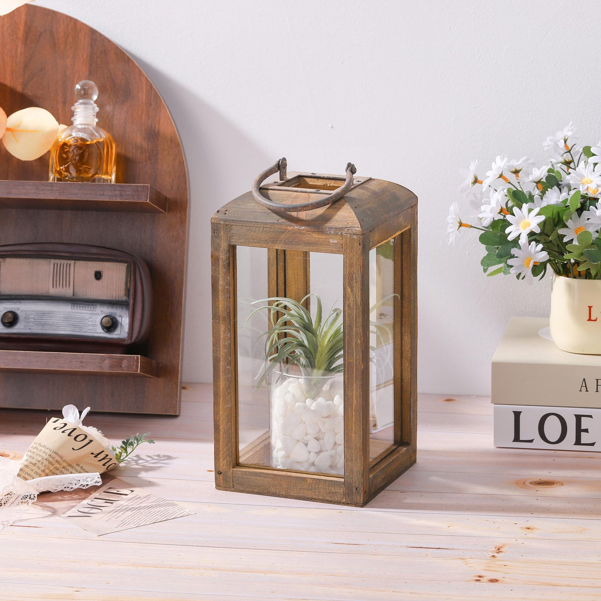 11" High Wooden Lantern Made of Solid Firwood in Handpainted Mediterranean Brown with Metal Handle,Hurricane Lantern, Farmhouse Lantern for Party, Deck, Front Porch (1, Brown, Small) Generic