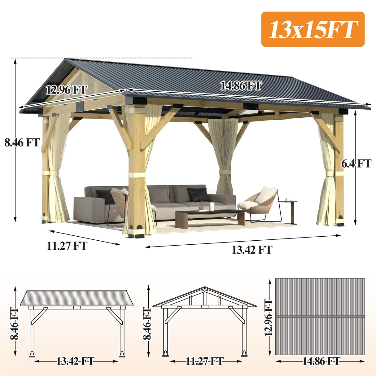 COVERONICS 13’x15’ Outdoor Wood Gazebo - Hardtop Patio Gazebo with Galvanized Steel Roof, Cedar Wooden Gazebo with Privacy Curtains and Netting for Garden, Porch, Patio and Deck COVERONICS