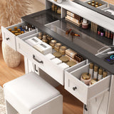 Fameill Makeup Vanity Desk with Lights and Mirror, Vanity Table Set with Stool, Charging Station, Glass Top, Large Mirror with 3 Lighting Modes, 3 Drawers & 2 Cabinets, White Fameill
