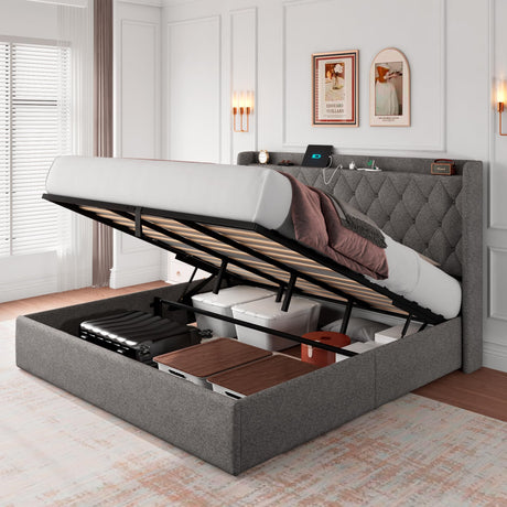 iPormis King Size Lift Up Storage Bed with Fast Charging Station & USB & Type-C Ports, Upholstered Platform Beds Frame with Tufted Wingback iPormis