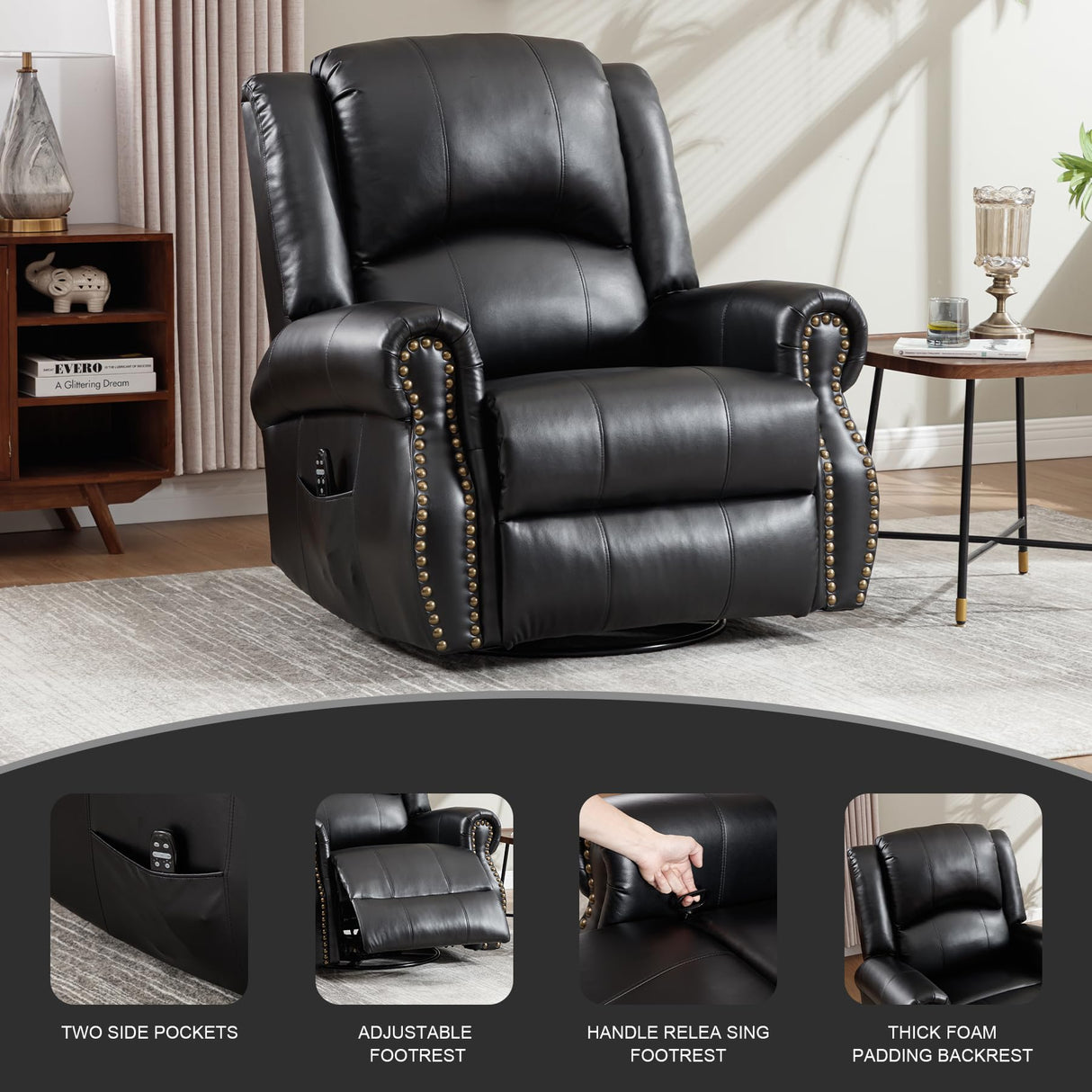 RHHVVR Classic Rivets Leather Power Recliner Chair for Living Rooms, Swivel Rocker Recliner Chair with Heat and Massage, Wall Hugger Glider Reclining Sofa for Small Spaces, Black RHHVVR