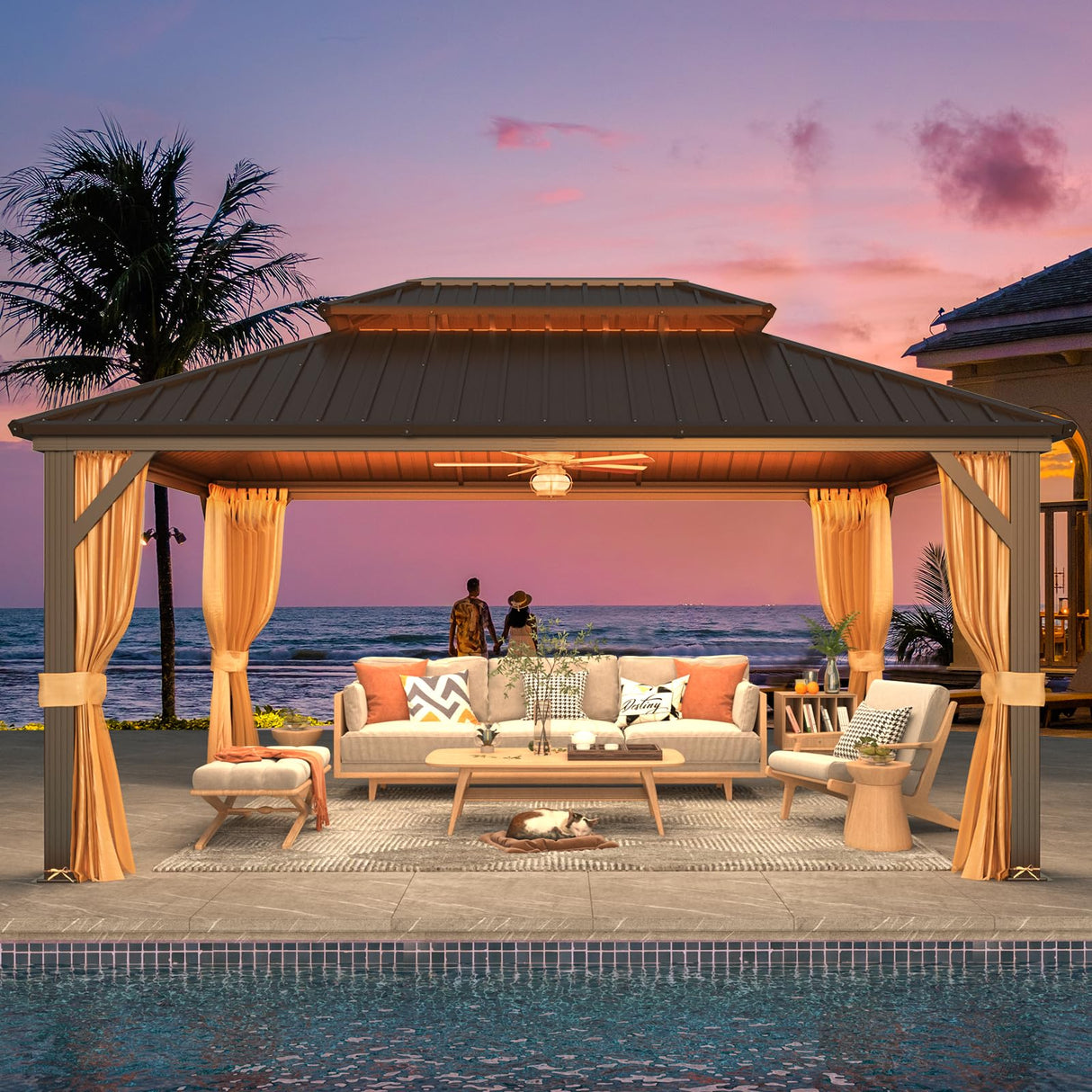 YOLENY 12' x 16' Gazebo Hardtop with Aluminum Frame,Galvanized Steel Double Roof Gazebos with Curtain and Netting,Outdoor Metal Pergolas for Garden, Lawn, Deck, Brown YOLENY