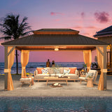 YOLENY 12' x 16' Gazebo Hardtop with Aluminum Frame,Galvanized Steel Double Roof Gazebos with Curtain and Netting,Outdoor Metal Pergolas for Garden, Lawn, Deck, Brown YOLENY