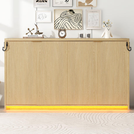 Twin XL Horizontal Murphy Bed with LED Lighting,Wood Space-Saving Hideaway Folding Fluted Murphy Wall Bed Cabinet for Adults MERITLINE