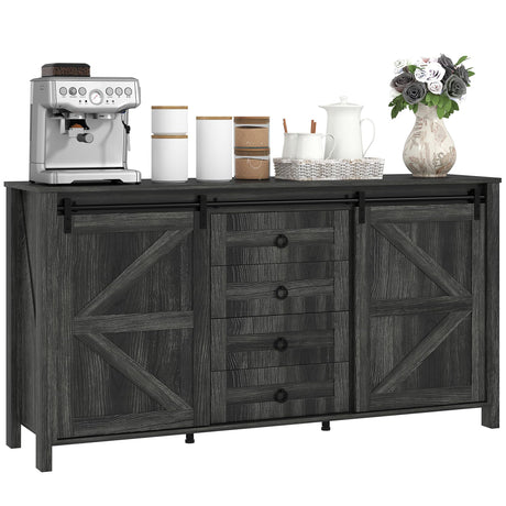 HOMCOM 60" Farmhouse Sideboard Buffet Cabinet with Storage, Kitchen Cabinet with 2 Sliding Barn Doors, 4 Deep Drawers and 2 Adjustable Shelves, Coffee Bar Cabinet, Distressed Dark Gray HOMCOM