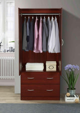 HODEDAH 2 Door Wood Wardrobe Bedroom Closet with Clothing Rod inside Cabinet, 2 Drawers for Storage and Mirror, Mahogany Hodedah