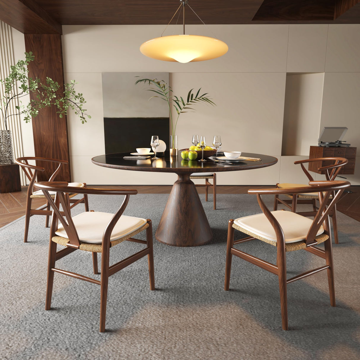 Wishbone Dining Chair Set of 2 - Boho Dining Chairs with Curved Backrest and Rope Woven Seat, Wood Dining Chairs with Soft Cushion, Woven Dining Chairs for Dining Room (Walnut) Dapedomal