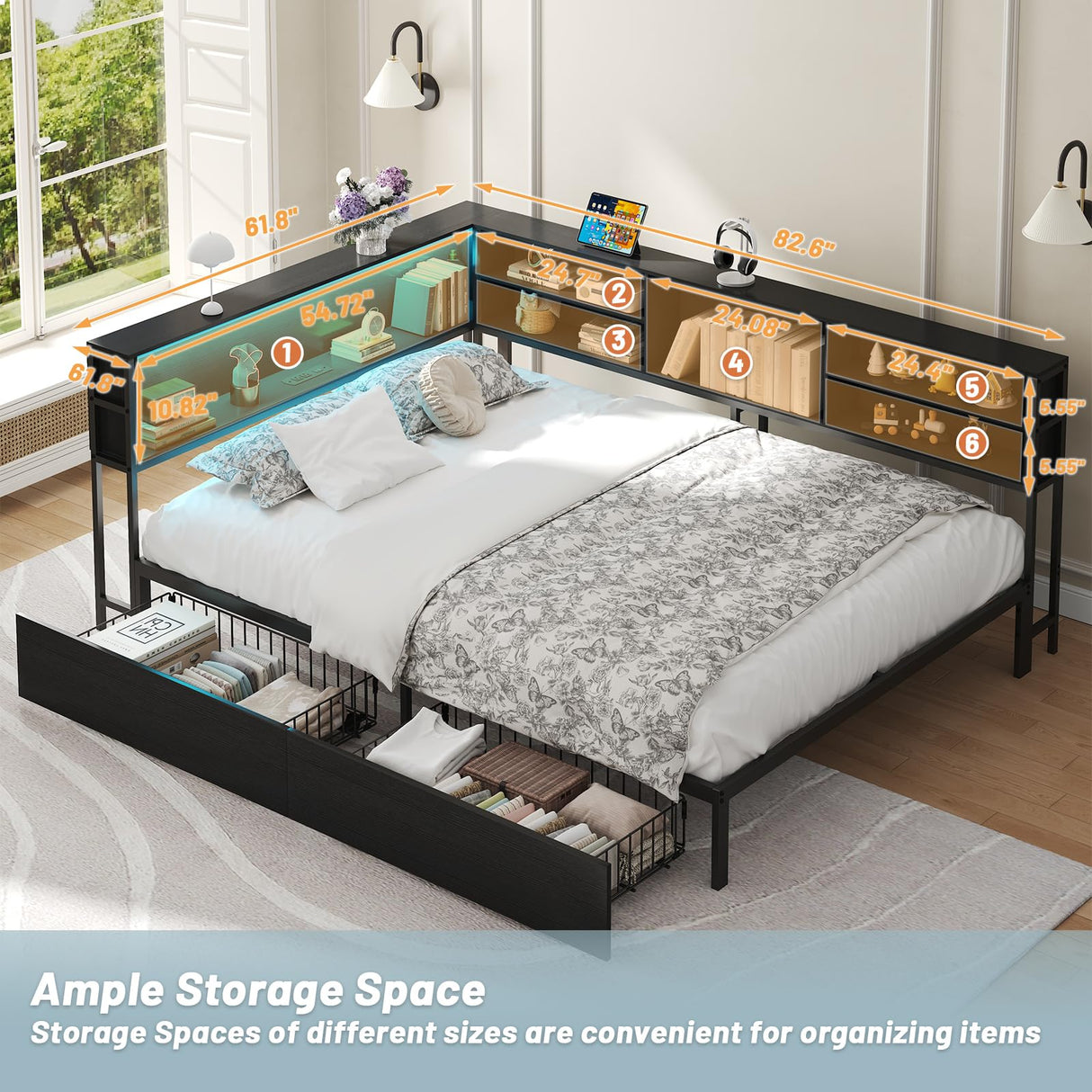 AILUNWALL Corner Bed Frame with Storage Drawers, Twin Size Metal Platform Bed Frames with LED Lights & Charging Station, Daybed with Bookcase for Living Room, Bedroom, Guest Room, Black AILUNWALL