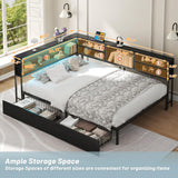 AILUNWALL Corner Bed Frame with Storage Drawers, Twin Size Metal Platform Bed Frames with LED Lights & Charging Station, Daybed with Bookcase for Living Room, Bedroom, Guest Room, Black AILUNWALL