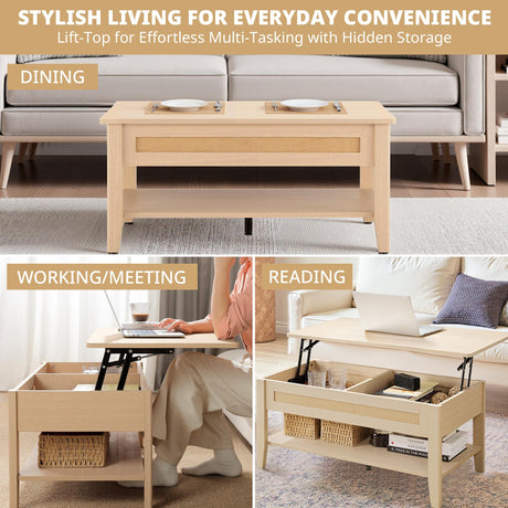 Ink+Ivy Wood Lift Top Coffee Table with Hidden Compartment and Large Storage Shelf, Boho Modern Rattan Dining Rectangle Center Table for Home Living Room Office, 34.5" W, Natural INK+IVY