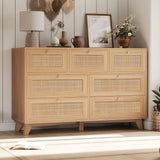 VIAGDO Rattan Dresser for Bedroom, 7 Drawer Dresser with Natural Rattan Drawers, Wooden Wide Cabinet with Gold Handles, Modern Closet Storage Chest of Drawers for Nursery Entryway Living Room VIAGDO