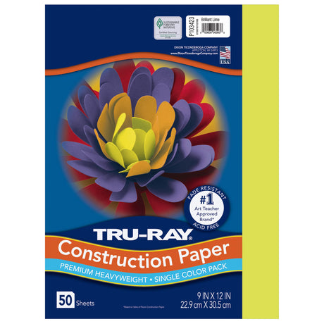Tru-Ray® Construction Paper, 50% Recycled, 9" x 12" Brilliant Lime, Pack of 50 Tru-Ray
