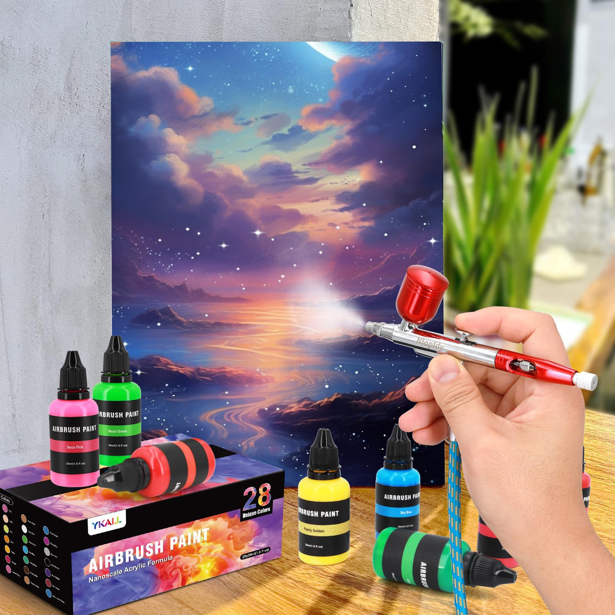 Airbrush Paint Set, 28 Colors Airbrush Paint Water-Based Acrylic 1fl oz, Opaque, Pearl and Neon Colors, Ready to Spray, Leather & Shoe, Premium Paint for Artists, Beginners and DIY Projects Ykall