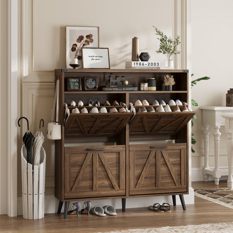 Shoe Cabinet Wtih 4 Flip Drawers,Shoe Storage Cabinet for Entryway,Freestanding Shoe Cabinet Organizer with Open Storage,Farmhouse Narrow Shoe Cabinet with Legs,Dark Walnut Halitaa
