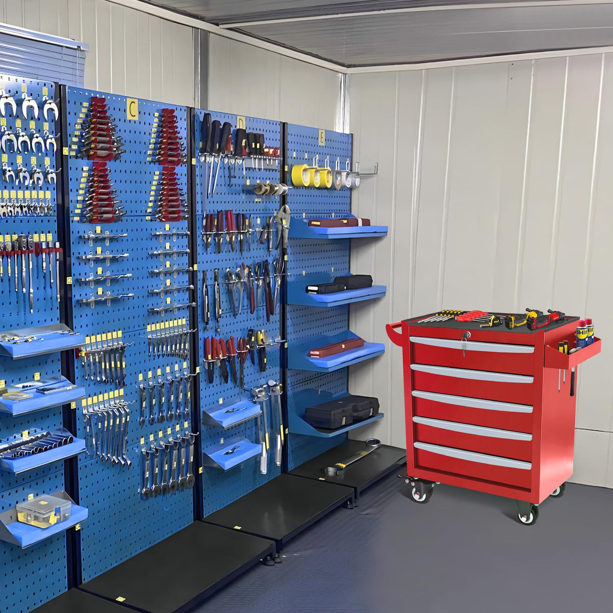 MHEOMTME Rolling Tool Chest with Drawers, Craftsman Tool Box Organizer, Toolbox Cabinet with Keyed Locking System, 5 Drawer Tool Storage Cart on Wheels for Garage, Workshop and Repair Room, Red MHEOMTME