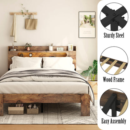 SAMTRA King Size Wooden Bed Frame with Adjustable LED Headboard and Storage Solutions - WoodArtSupply