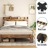 FSTAR Wooden King Size Bed Frame with Storage Headboard, Farmhouse Bedframe with Charging Station & Led Lights, Wood Slats Support, No Box Spring Needed, Rustic Brown FSTAR