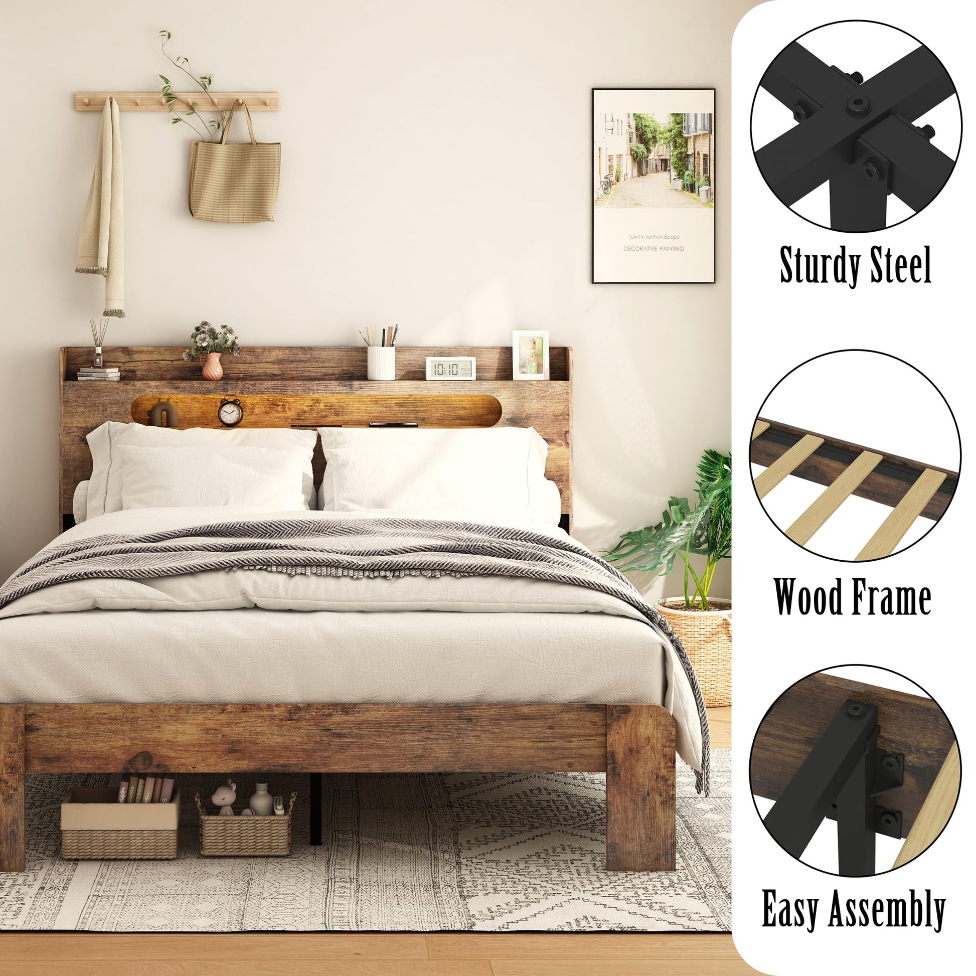 SAMTRA Rustic Farmhouse Full Size Bed Frame with Storage Headboard, Charging Station & Adjustable LED Lights - WoodArtSupply