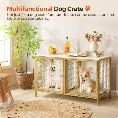 MAHANCRIS Dog Crate Furniture for 2 Dogs, 43.3" Dog Kennel with Removable Divider, Heavy Duty Wooden Dog Kennel for Small Medium Dog, Indoor Dog Cage End Table with Double Doors, White DCJW12 - WoodArtSupply