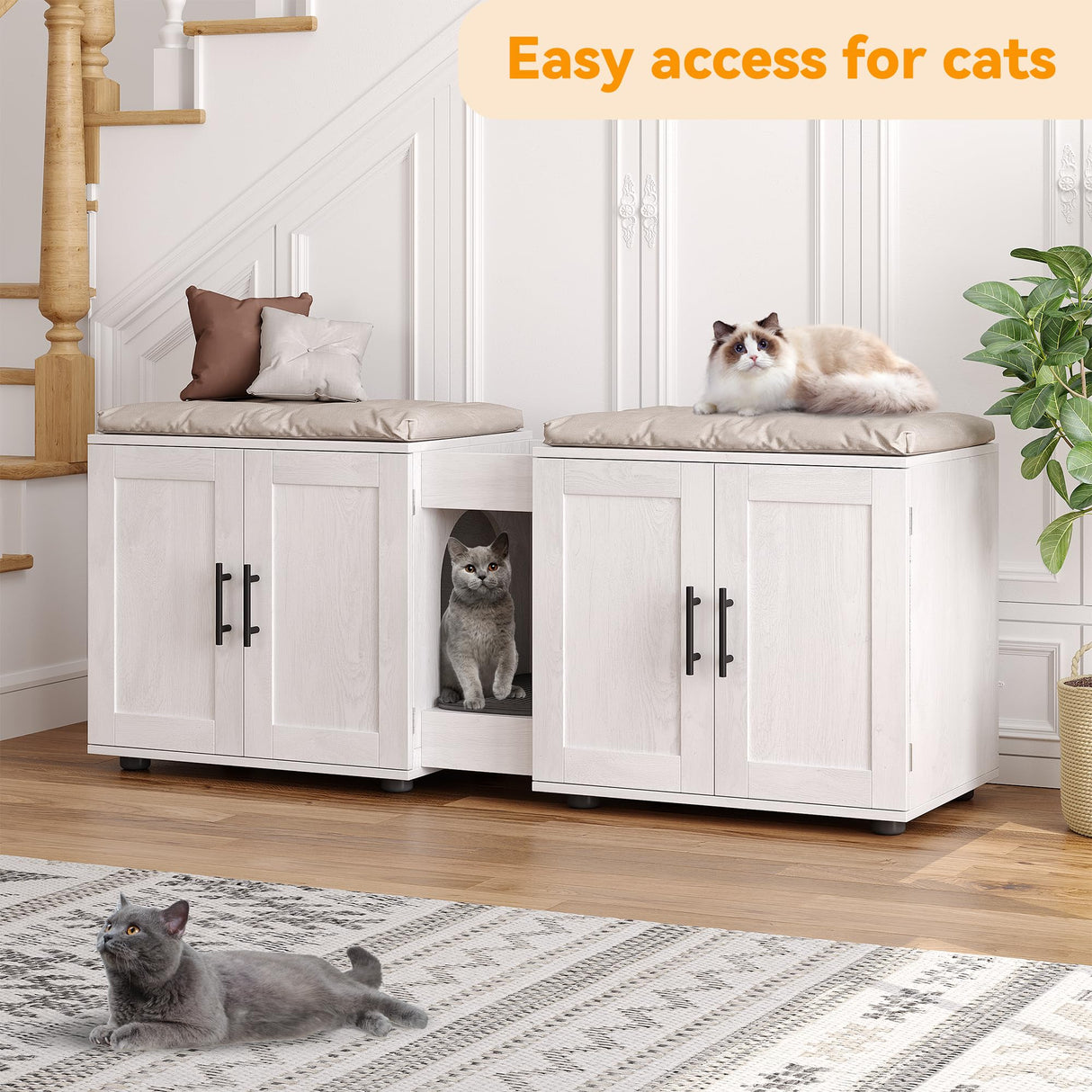 Gaomon Litter Box Enclosure with Double Cage, Cat House,Hidden Litter Box Enclosure Furniture for 2 Cats, Wooden Enclosed Cat Litter Box Furniture,55”L x 17.7”W x 22.5”H,White GAOMON