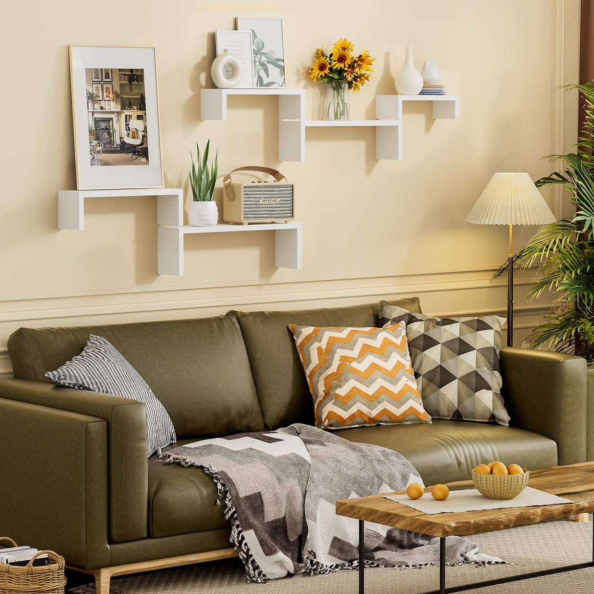 SRIWATANA Floating Shelves for Wall, Wall Shelves for Bathroom, Bedroom, Living Room, Kitchen, Office, Wood Shelves for Wall Decor Set of 5 (Washed White) SRIWATANA