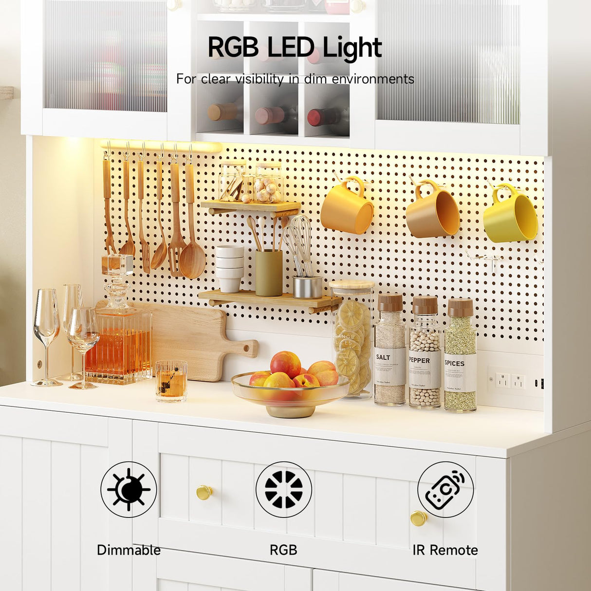 ONBRILL 71" Pantry Storage Cabinet with Microwave Shelf & Door Shelves, Kitchen Wood Pantry with Outlet & LED Light, Kitchen Hutch with DIY Pegboard & 6 Hook, Modern Cabinet with Drawer & Wine Rack ONBRILL