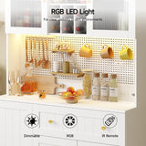 ONBRILL 71" Pantry Storage Cabinet with Microwave Shelf & Door Shelves, Kitchen Wood Pantry with Outlet & LED Light, Kitchen Hutch with DIY Pegboard & 6 Hook, Modern Cabinet with Drawer & Wine Rack ONBRILL