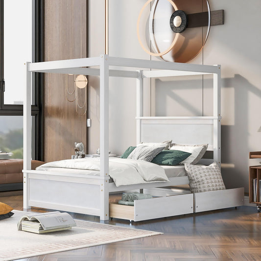 Bellemave Contemporary Wood Canopy Bed with Storage Drawers – Full Size, Brush White Finish - WoodArtSupply