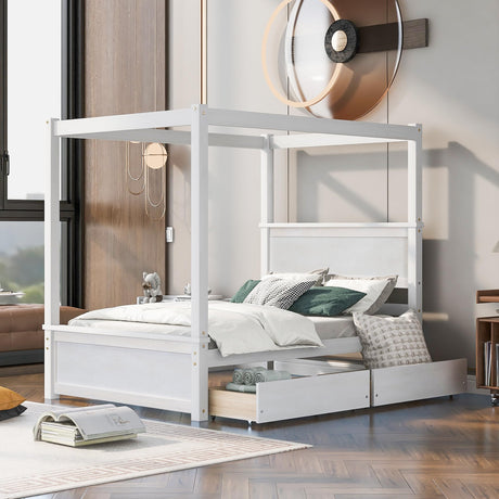 Merax Full Size Canopy Platform Bed with 2 Drawers, Wooden Bed Frame with Support Slats, No Box Spring Needed, Brushed White Merax