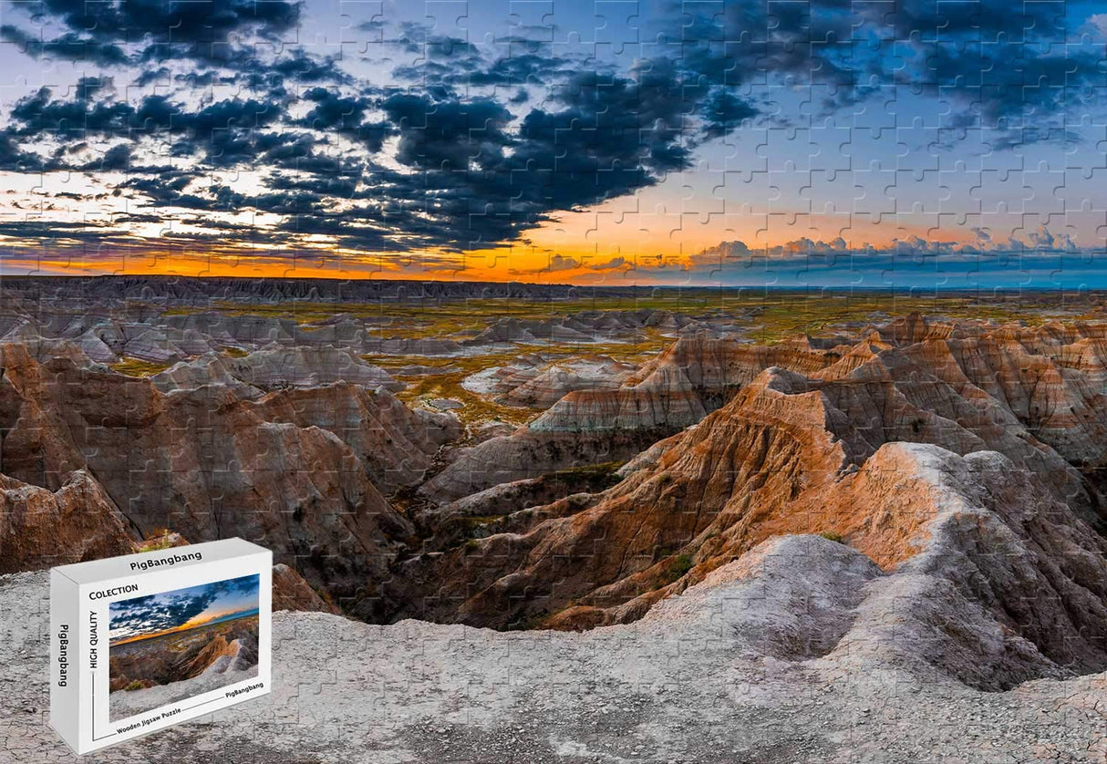 500 Piece Jigsaw Puzzle - South Dakota Badlands National Park USA Mountains Rocks Clouds Sunset Wooden Materials,20.6 X 15.1 Inch PigBangbang