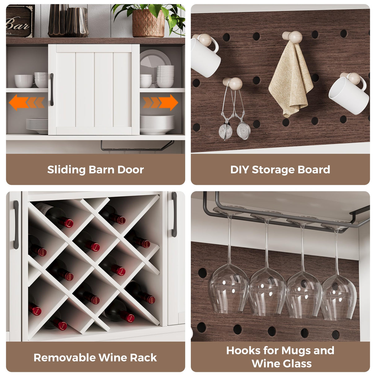 72" Coffee Bar Cabinet with Power Outlet & LED Light, Farmhouse Large Kitchen Hutch with Sliding Barn Door, Tall Bar Cabinets with Storage Drawers & Wine Glass Rack,Pantry China Cabinet for Home,White Jocoevol