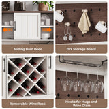 72" Coffee Bar Cabinet with Power Outlet & LED Light, Farmhouse Large Kitchen Hutch with Sliding Barn Door, Tall Bar Cabinets with Storage Drawers & Wine Glass Rack,Pantry China Cabinet for Home,White Jocoevol