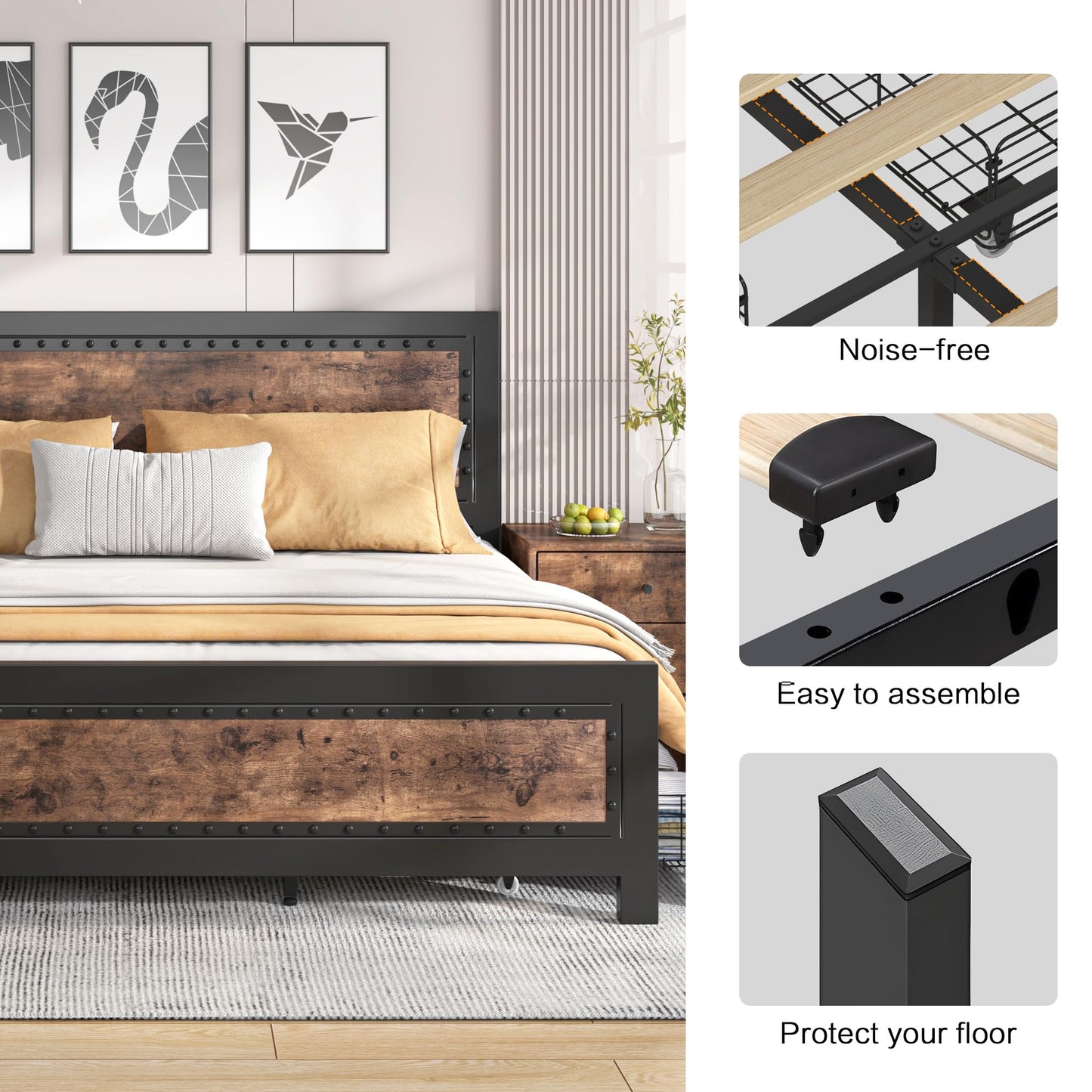 Keyluv Vintage Brown King Bed Frame with 4 Storage Drawers and Rivet Headboard - WoodArtSupply