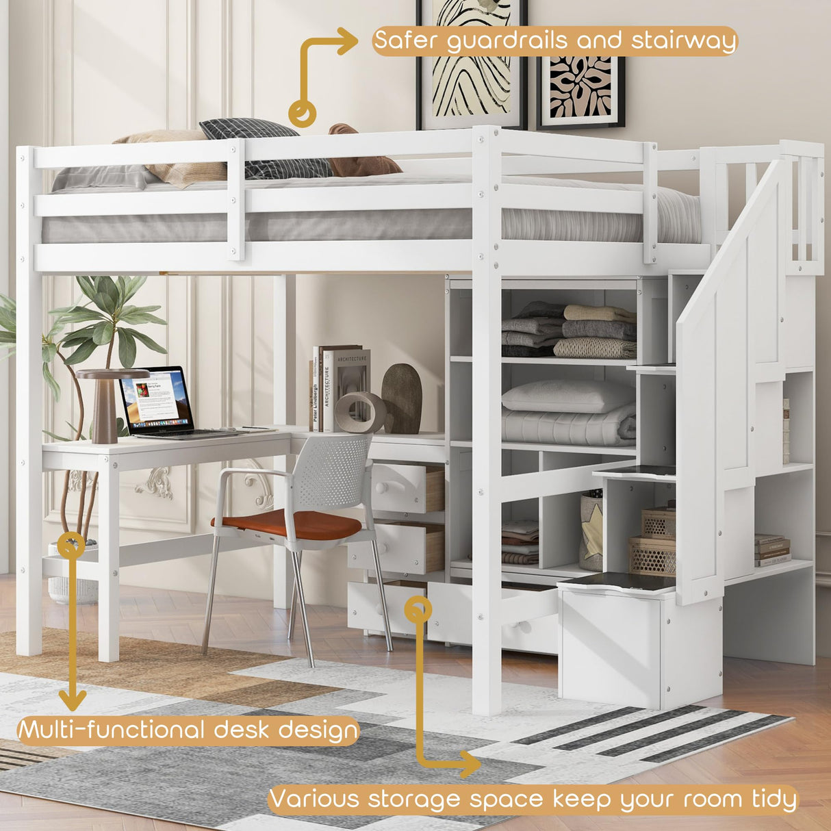 Full Size Loft Bed with Desk and Stairs Wood Loft Beds with Storage Cabinet and Bookcase High Loft Bed Frame with Staircase Shelves for Kids, Teen, Boys, Girls, White Bellemave