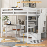 Full Size Loft Bed with Desk and Stairs Wood Loft Beds with Storage Cabinet and Bookcase High Loft Bed Frame with Staircase Shelves for Kids, Teen, Boys, Girls, White Bellemave