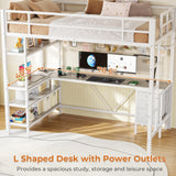 Loft Bed Twin Size with L-Shaped Desk and Storage Shelves, Metal Loft Bed Frame with Power Outlet, LED Lights, 3 Fabric Drawers, Metal Mesh, Space-Saving, No Box Spring Needed, White MSmask