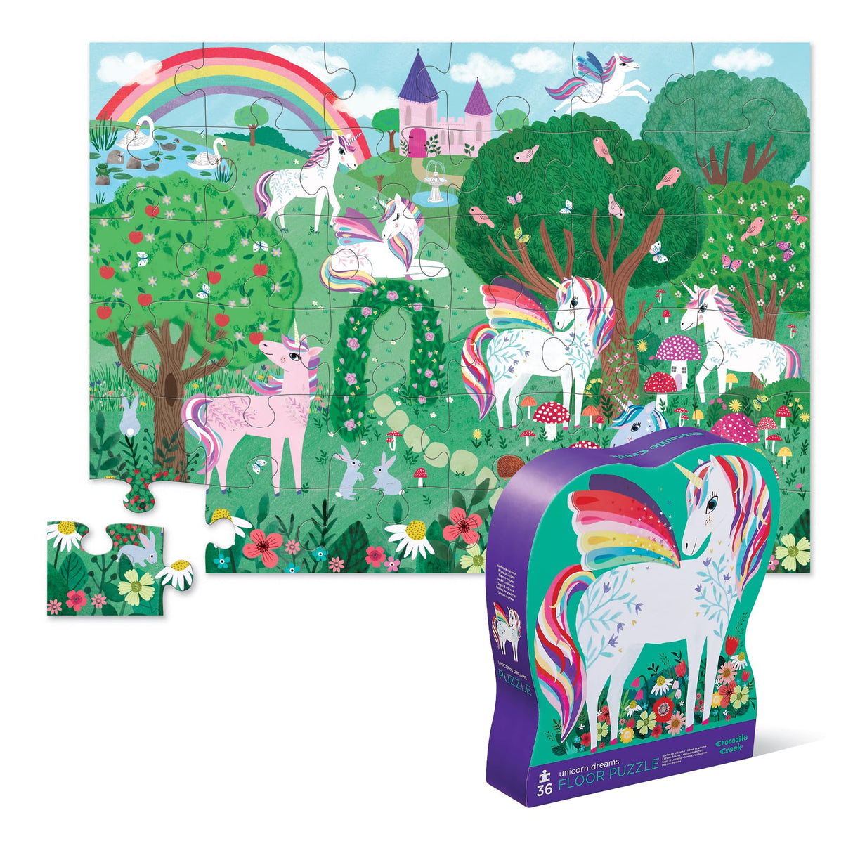 Crocodile Creek 36-Piece Jigsaw Floor Puzzle - Fun Floor Puzzles for Kids Ages 3-5 - Heavy-Duty Shaped Box for Storage - Unicorn Dreams - 27" W x 20" H Finished Crocodile Creek