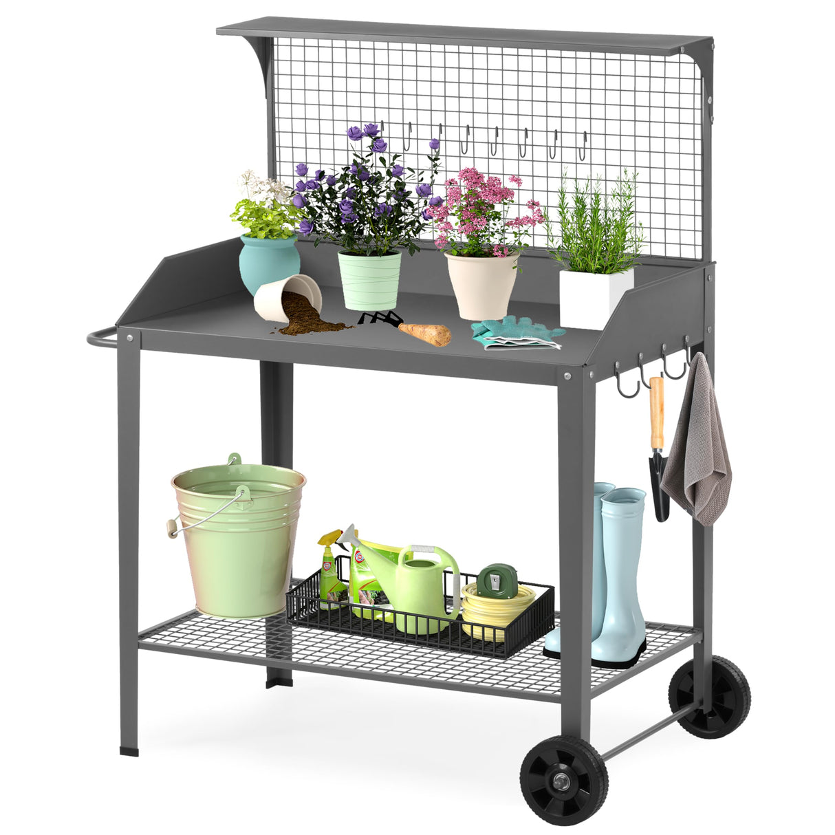 Outdoor Metal Potting Bench with Wheels, Heavy Duty Garden Workbench Table with Storage Shelf (Dark Gray, 52.8"x36.6") DDK