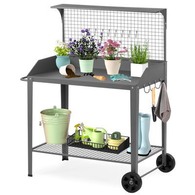 Outdoor Metal Potting Bench with Wheels, Heavy Duty Garden Workbench Table with Storage Shelf (Dark Gray, 52.8"x36.6")