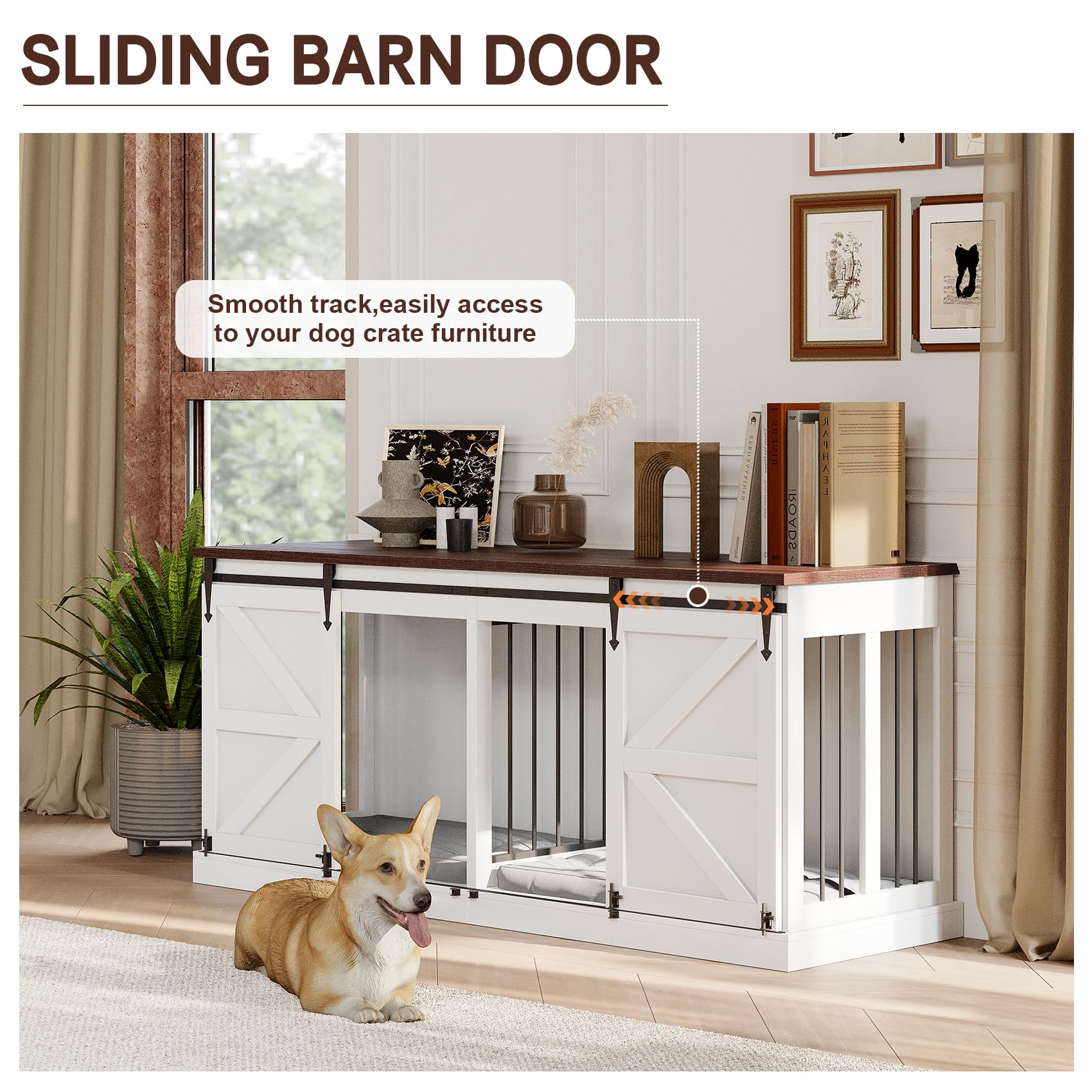 Dog Crate Furniture - Indoor Wooden Dog Kennel with Room Divider and Double Sliding Barn Doors - 71"x23.6"x31.5"H, White - WoodArtSupply