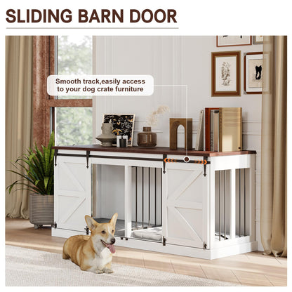 Dog Crate Furniture - Indoor Wooden Dog Kennel with Room Divider and Double Sliding Barn Doors - 71"x23.6"x31.5"H, White - WoodArtSupply