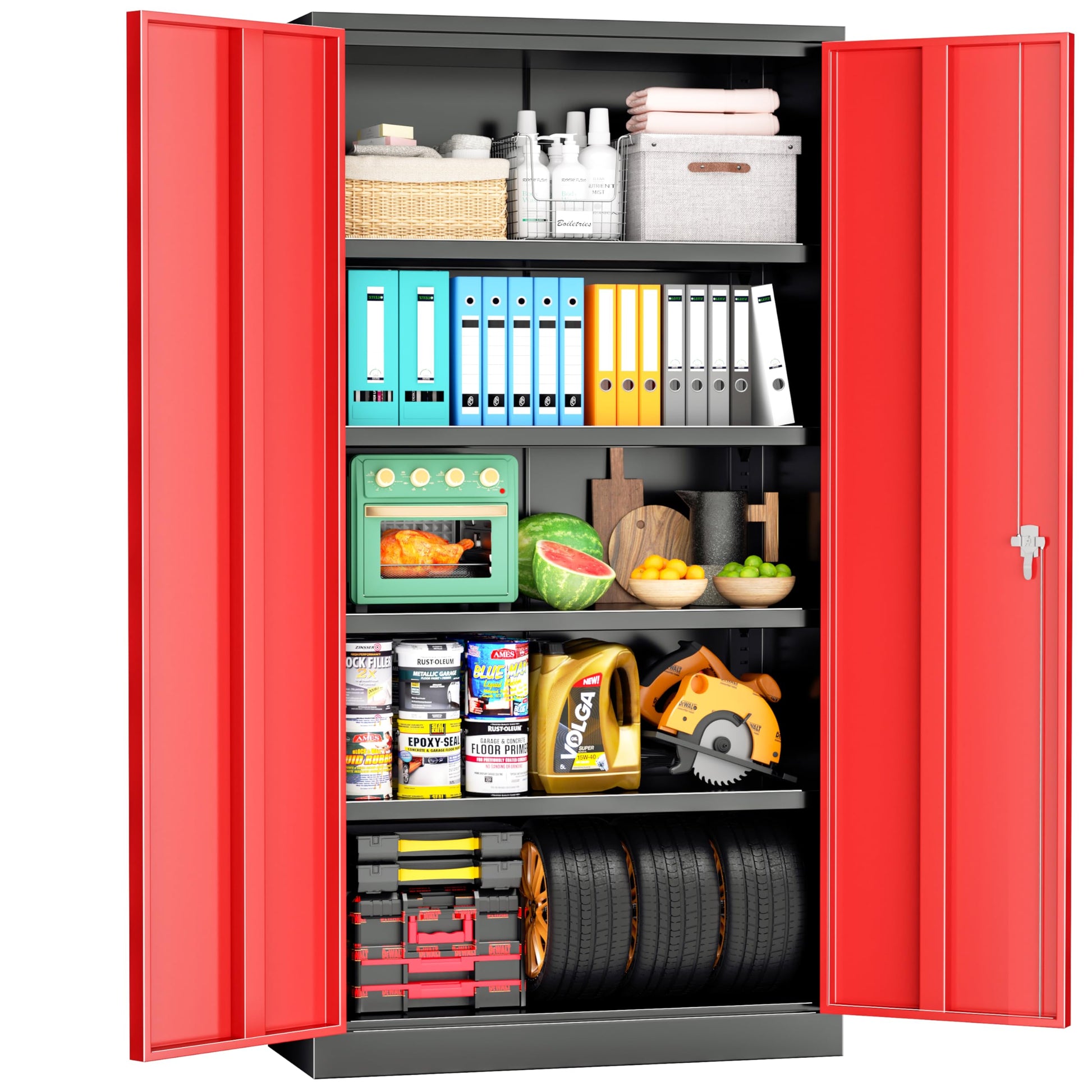 Pataku Garage Storage Cabinet 72" Metal Locking Cabinet 5-Layer with Door Steel Multifunctional Storage Cabinet with 4 Adjustable Shelves, Cabinet for Home, Office, Warehouse(Black Red) - WoodArtSupply