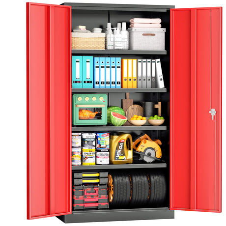 Pataku Garage Storage Cabinet 72" Metal Locking Cabinet 5-Layer with Door Steel Multifunctional Storage Cabinet with 4 Adjustable Shelves, Cabinet for Home, Office, Warehouse(Black Red) Pataku